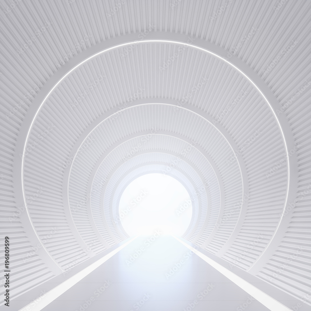 Modern white interior with tunnel space 3d rendering image.White curved corridor There is light at the destination. Modern white interior with tunnel space 3d rendering image.White curved corridor There is light at the destination.