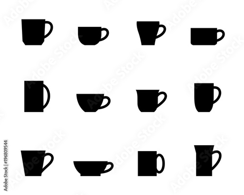 Set of cups isolated on white. Different shapes of cups. Collection of mugs. Elements for your kitchen or cafe design. Black silhouettes of cups. photo