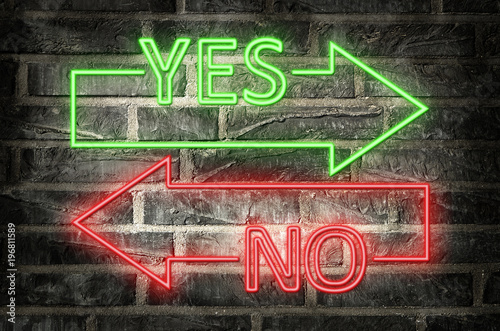 illustration of neon signs on a brick wall of an arrows with yes and no text
