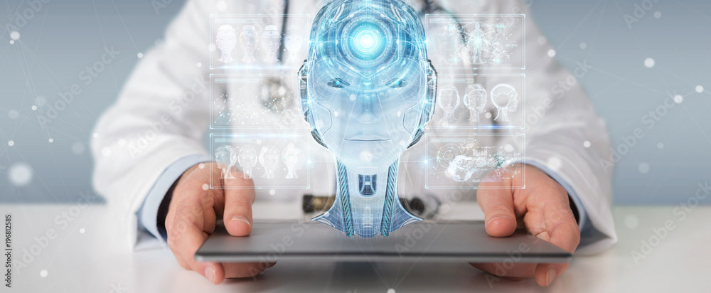 Fototapeta premium Doctor using digital artificial intelligence interface 3D rendering