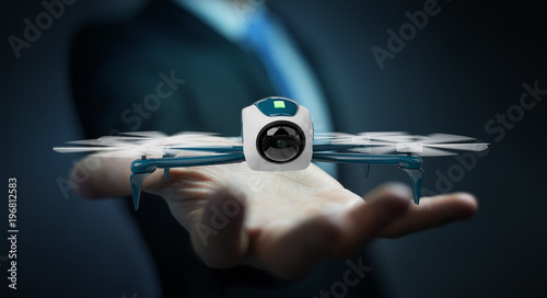Businessman using modern drone 3D rendering