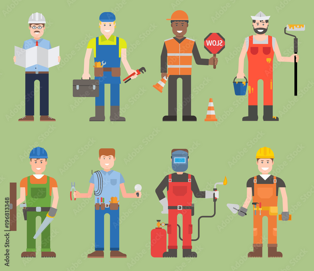 Construction worker wearing mechanic people yellow helmet and overall work clothes working with different tools set of workers man character with instruments person professional workers man Construction worker wearing mechanic people yellow helmet and overall work clothes working with different tools set of workers man character with instruments person professional workers man