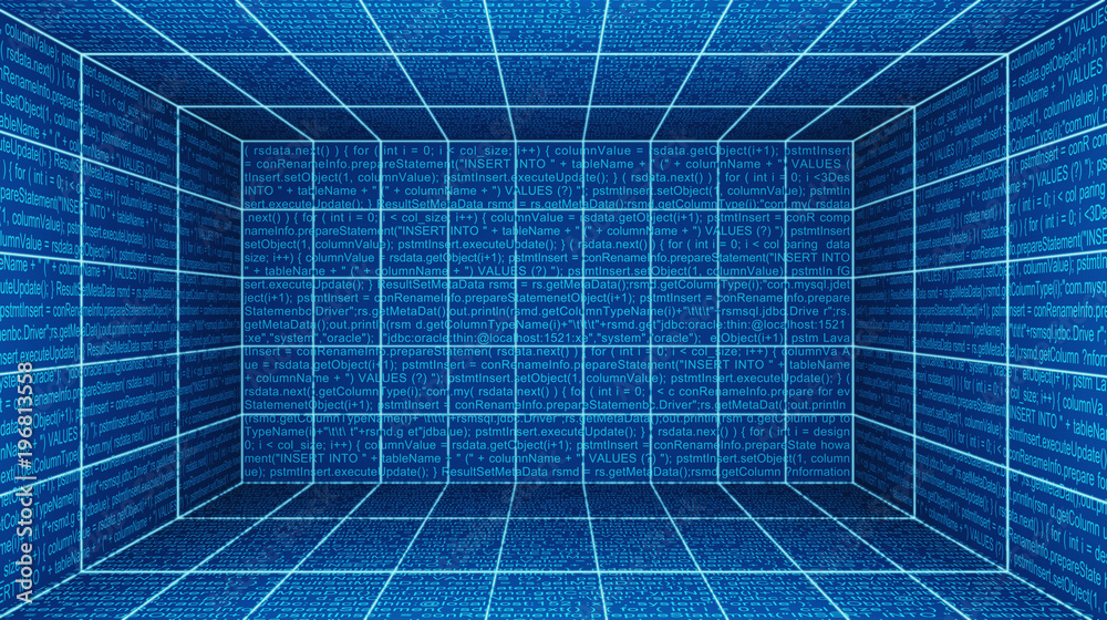 Computer Reality Virtual cyber reality room, screen monitors with computer code in ...