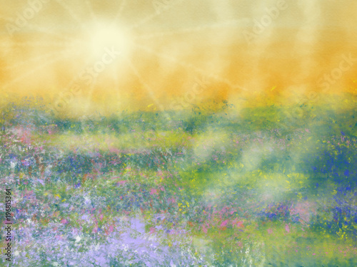 Colorful hand drawn abstract view of field with flowers on yellow watercolor background as sun light, cartoon illustration of spring landscape view painted by watercolor and pastel chalk, high quality