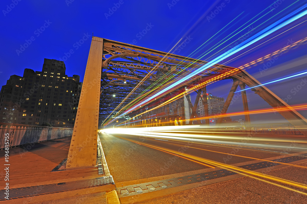 Naklejka premium Night traffic lights inside of the Garden Bridge of shanghai china.