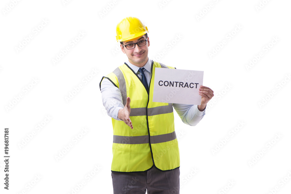 Construction supervisor with contract isolated on white backgrou Construction supervisor with contract isolated on white backgrou
