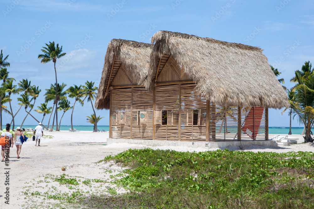 Beach Hut, House in the Caribbean Sea with White Sand, Turquoise Water and Palm Trees, in Cap Cana, Dominican Republic