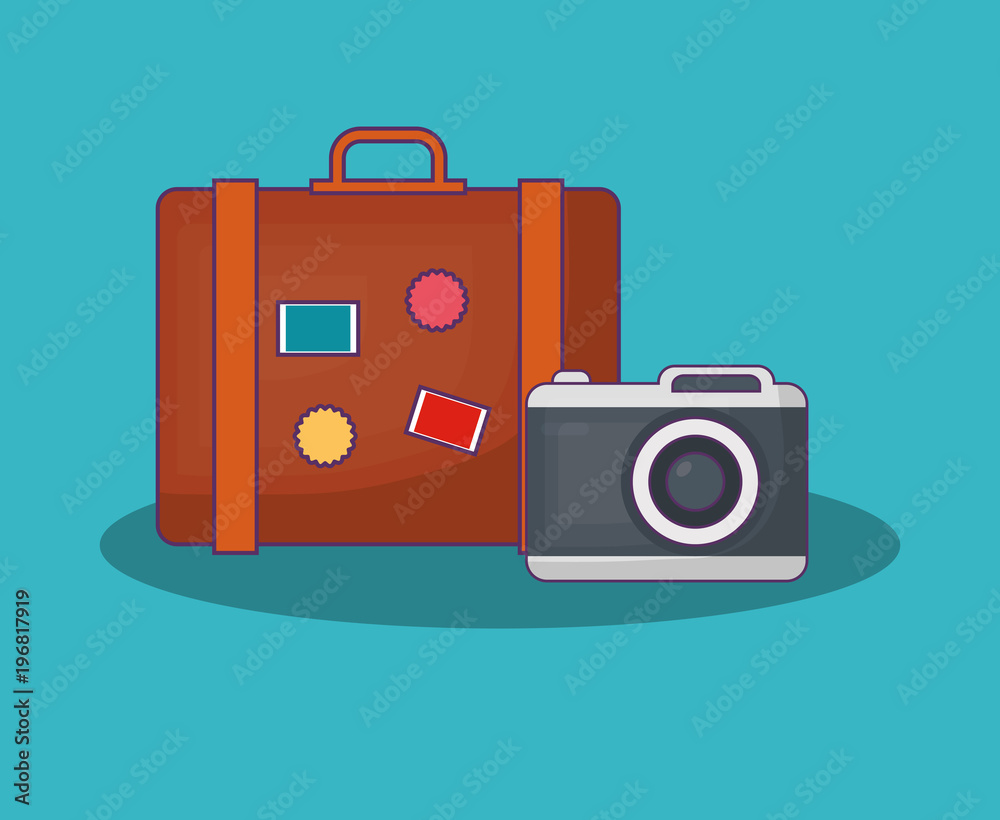 Summer time design with travel suitcase and camera over blue background, colorful design vector illustration