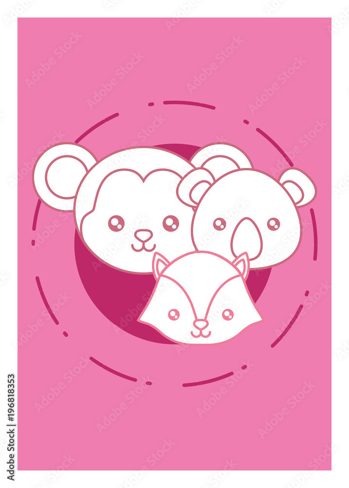 Cute fox and animals faces over pink background, colorful design vector illustration Cute fox and animals faces over pink background, colorful design vector illustration
