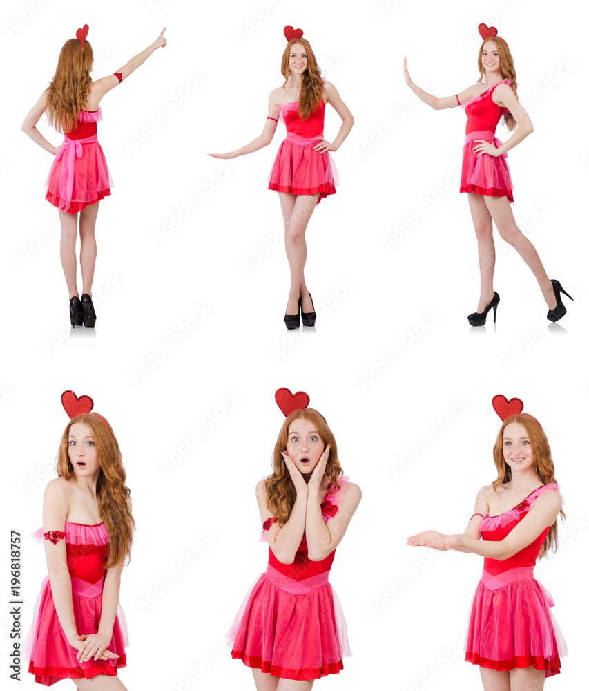 Pretty young model in mini pink dress isolated on white Pretty young model in mini pink dress isolated on white