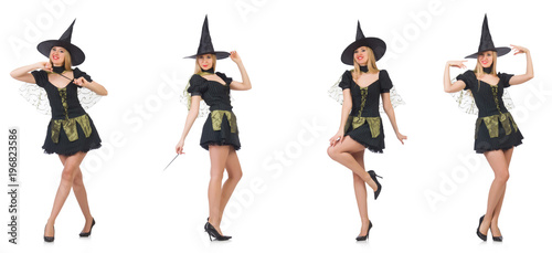 Beautiful witch in black dress isolated on white