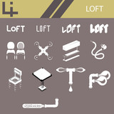 Set of furniture icons and fonts in loft style