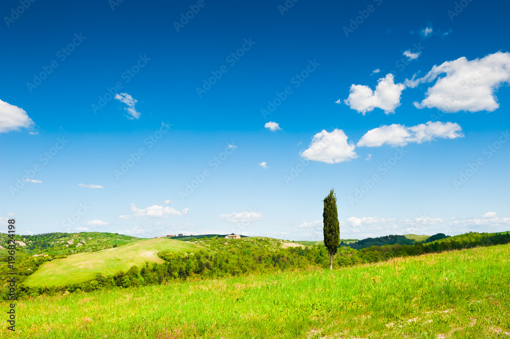 Green fields and the blue sky in Tuscany, Italy