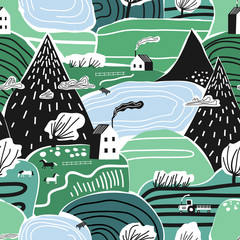 Papier peint photo Paysage patrons Maisons scandinaves montagnes et sapins  © bukhavets