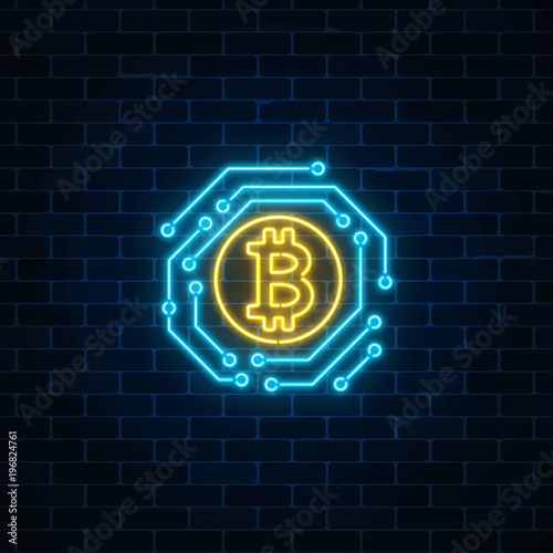 Neon bitcoin currency sign with electronic circuit. Cryptocurrency emblem on dark brick wall background.