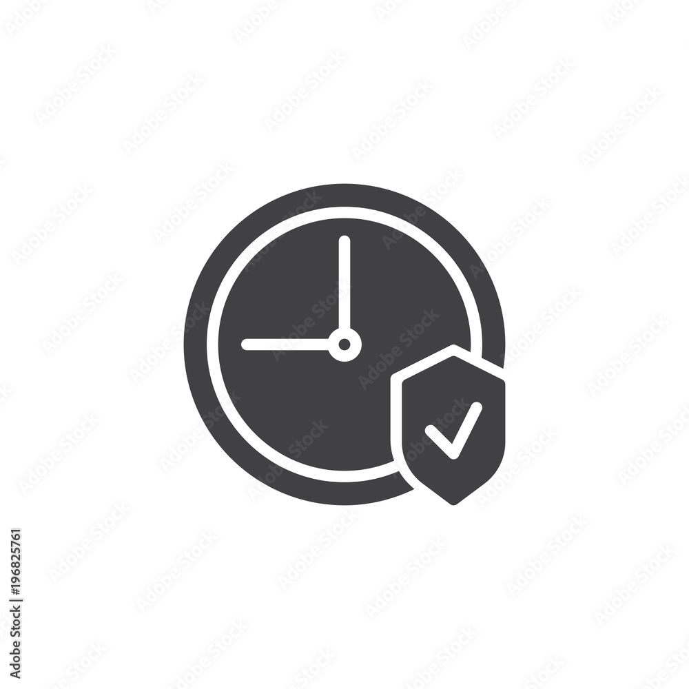 Clock and shield vector icon. filled flat sign for mobile concept and web design. Time protection solid icon. Symbol, logo illustration. Pixel perfect vector graphics Clock and shield vector icon. filled flat sign for mobile concept and web design. Time protection solid icon. Symbol, logo illustration. Pixel perfect vector graphics