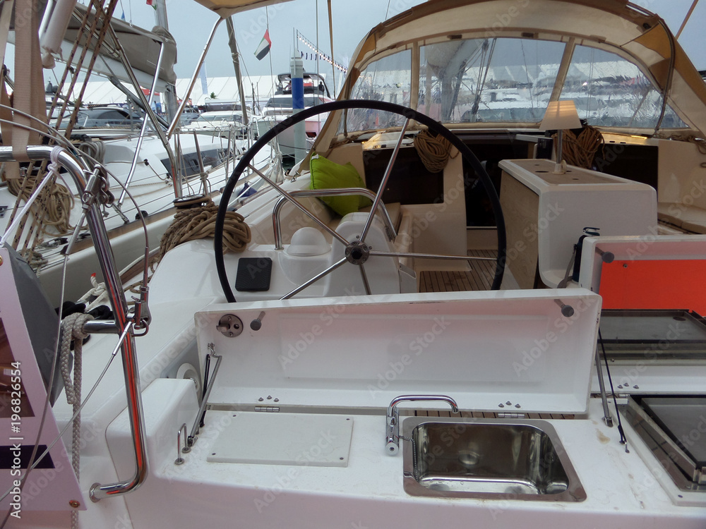 Deck of a yacht with the helm. Dubai. 2018
