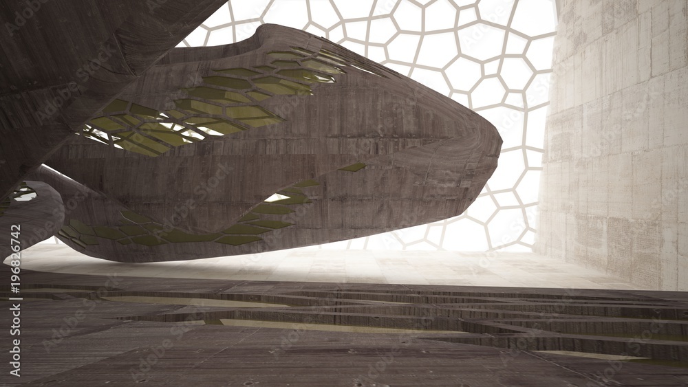 Abstract white and concrete interior  with glossy green lines. 3D illustration and rendering.