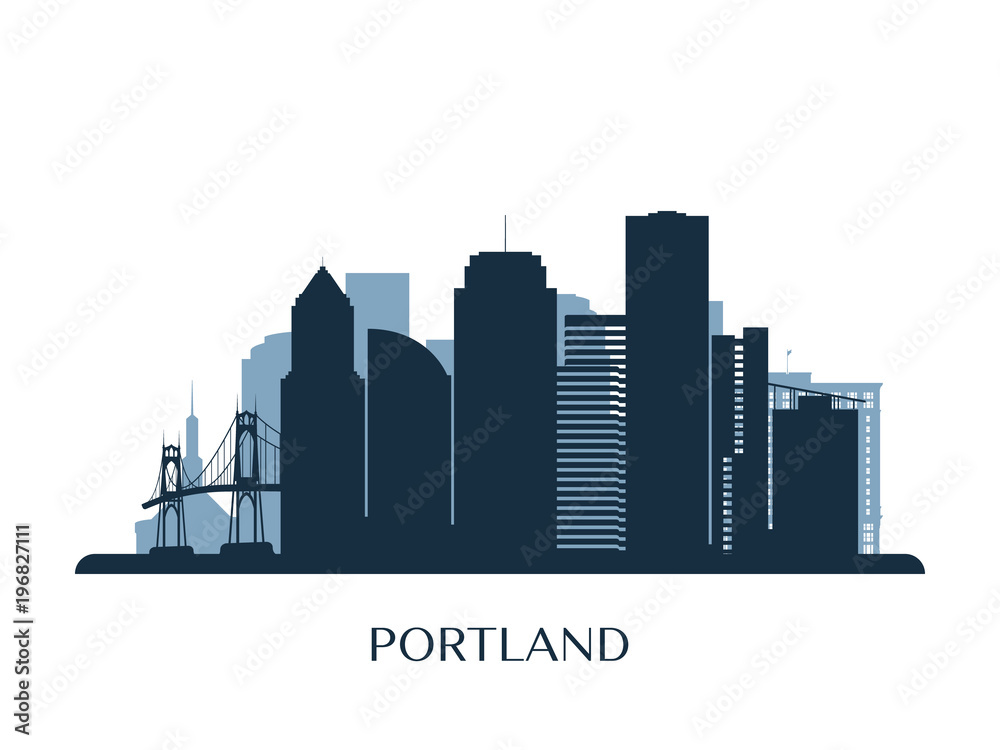 Portland skyline, monochrome silhouette. Vector illustration.
