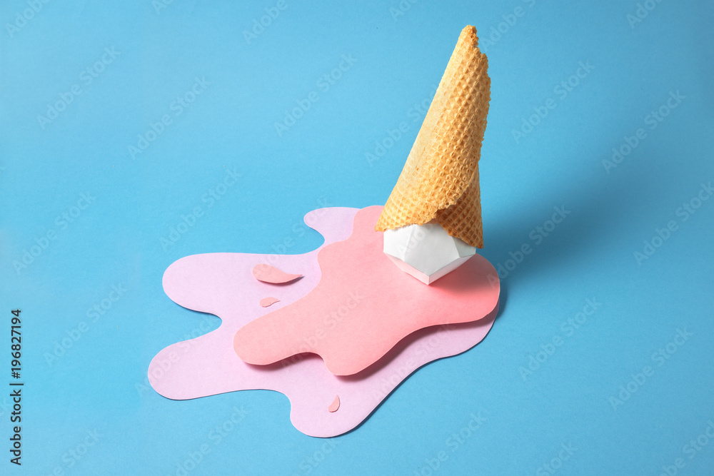 Ice cream splash / Creative concept photo of ice cream cone and splash made of paper on blue background. - obrazy, fototapety, plakaty 