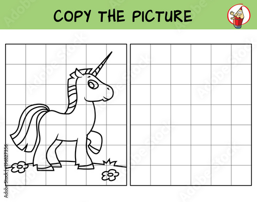 Funny little unicorn. Copy the picture. Coloring book. Educational game for children. Cartoon vector illustration