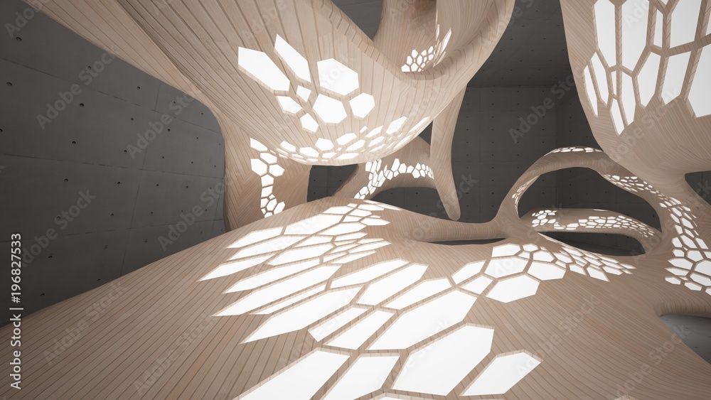 Abstract concrete and wood parametric interior with neon lighting. 3D illustration and rendering.