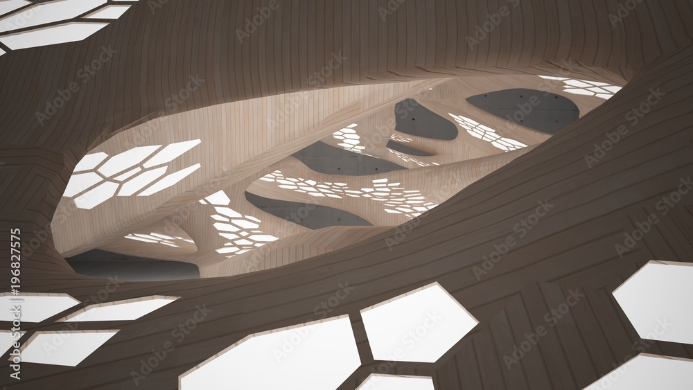 Obraz premium Abstract concrete and wood parametric interior with neon lighting. 3D illustration and rendering.
