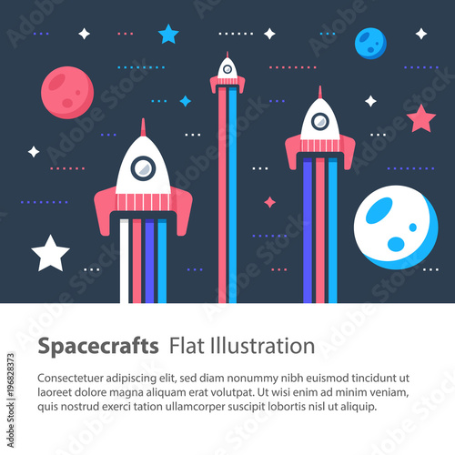 Spaceships flying in space among stars and planets, children flat illustration