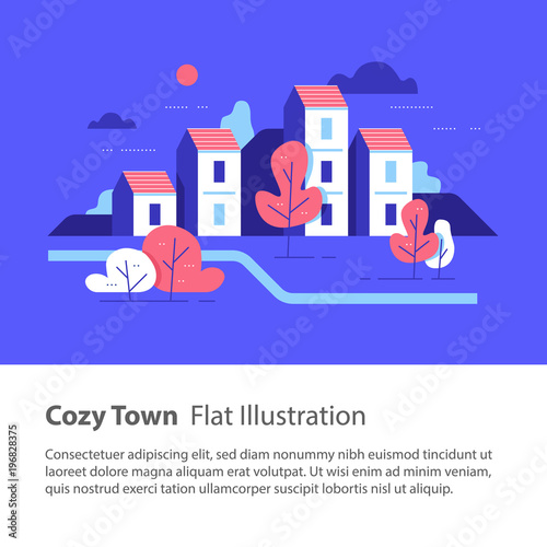 River side settlement, cozy town, row of houses by the river with trees, residential building, green neighborhood
