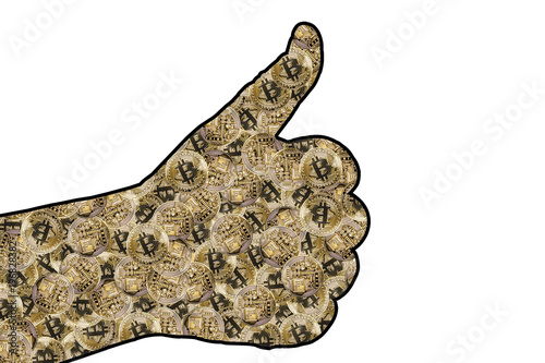 Contour of the hand with a gesture All is well . Inside the contour of bitcoins.