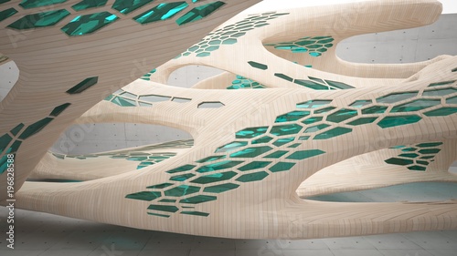 Abstract concrete and wood parametric interior with window. 3D illustration and rendering.