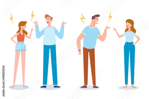 Angry man and woman quarrelling and making a loud public scandal . Vector flat cartoon illustration