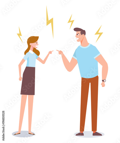 Angry man and woman quarrelling and making a loud public scandal . Vector flat cartoon illustration