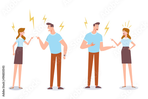 Angry man and woman quarrelling and making a loud public scandal . Vector flat cartoon illustration