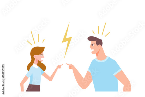 Angry man and woman quarrelling and making a loud public scandal . Vector flat cartoon illustration