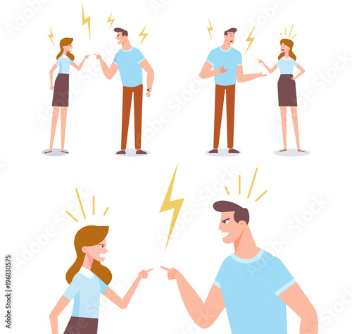 Angry man and woman quarrelling and making a loud public scandal . Vector flat cartoon illustration