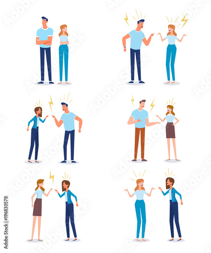 Angry man and woman quarrelling and making a loud public scandal . Vector flat cartoon illustration