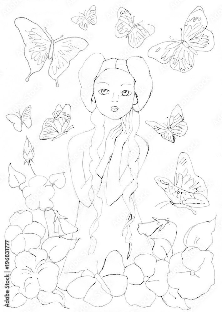 girl, butterflies, flowers on white background girl, butterflies, flowers on white background