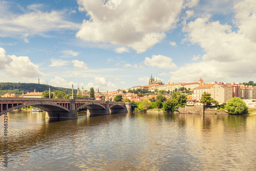 Prague panorama city skyline and Charles Bridge. Prague, Czechia.