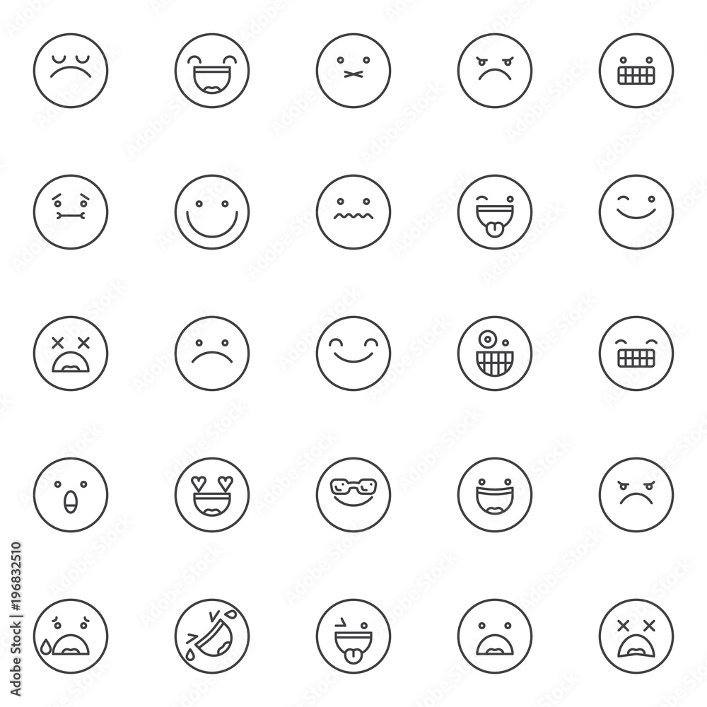 Emoji outline icons set. linear style symbols collection, line signs pack. vector graphics. Set includes icons as arrogant face emoticon, smiling face with open mouth and smiling eyes emoticon, angry Emoji outline icons set. linear style symbols collection, line signs pack. vector graphics. Set includes icons as arrogant face emoticon, smiling face with open mouth and smiling eyes emoticon, angry