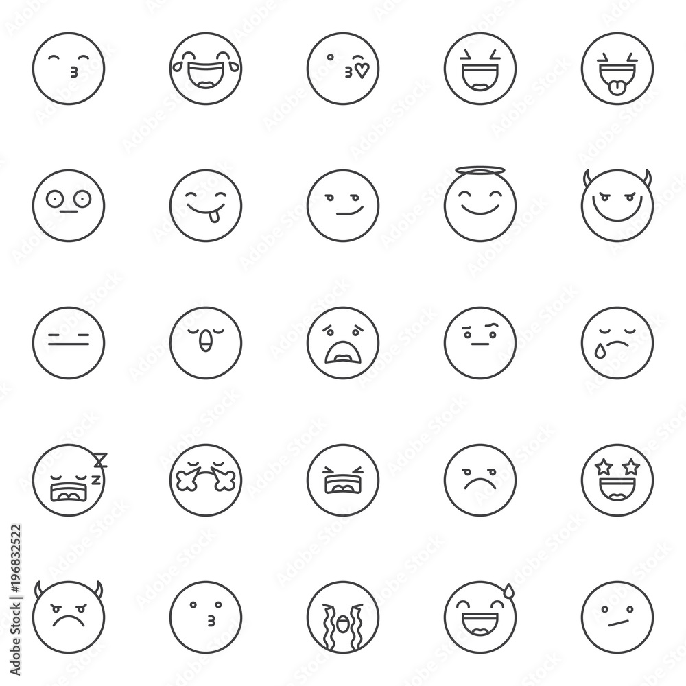 Emoticon outline icons set. linear style symbols collection, line signs pack. vector graphics. Set includes icons as kissing face emoji, face with tears of joy, blowing kiss face, tongue out face Emoticon outline icons set. linear style symbols collection, line signs pack. vector graphics. Set includes icons as kissing face emoji, face with tears of joy, blowing kiss face, tongue out face