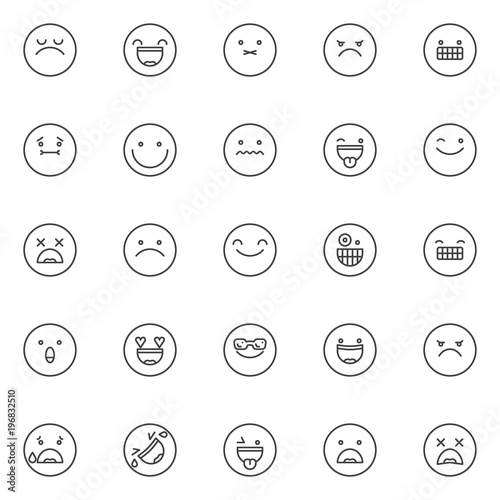 Emoji outline icons set. linear style symbols collection, line signs pack. vector graphics. Set includes icons as arrogant face emoticon, smiling face with open mouth and smiling eyes emoticon, angry