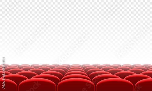 Movie citema seat hall interior. Vector theatre red seat chair in conference auditorium room. Row cinema red seat illustration on transparent white background