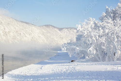 Russia, river Yenisei. Siberian frosts