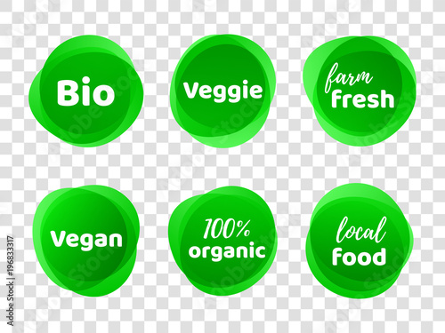 Bio, veggie, farm fresh, vegan, 100% organic and local food product label icon set. Vector green eco symbol for vegetarian banner, sticker tag or logo design. Healthy food badge emblem for packaging