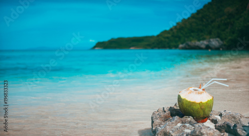 One coconut with twotube lies on a stone. Background bokeh: white sand, ocean, green mountain photo