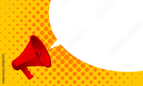 Vector megaphone announce with screaming loud bubble message. Red loudspeaker with alert propaganda message or promotional advertisement concept on yellow orange halfrone teture background