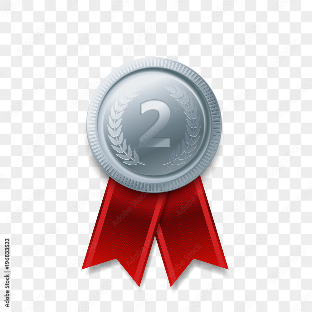 2 winner silver medal award with ribbon vector realistic icon isolated on  transparent background. Number one 2nd second place or best victory  champion prize award silver shiny medal badge Stock Vector