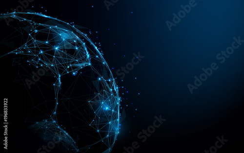 Abstract Soccer ball from lines and triangles, point connecting network on blue background. Illustration vector