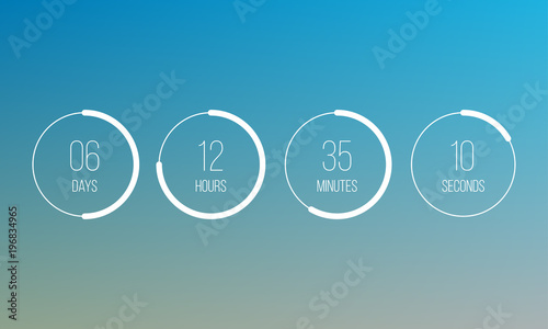 Vector countdown clock counter timer. UI app digital count down circle board meter with circle time pie diagram. Scoreboard of day, hour, minutes and seconds for web page coming soon event template